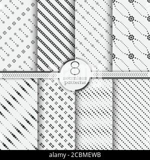 Set of vector seamless patterns. Modern stylish geometric diagonal textures. Infinitely repeating geometrical ornaments with dotted, rhombus, striped Stock Vector