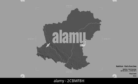 Area of Nakhon Ratchasima, province of Thailand, isolated on a solid background in a georeferenced bounding box. Labels. Bilevel elevation map. 3D ren Stock Photo