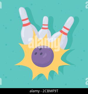 bowling game ball touching white skittles flat design vector illustration Stock Vector