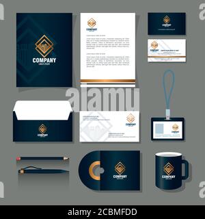 corporate identity brand mockup, stationery supplies black color with golden sign Stock Vector