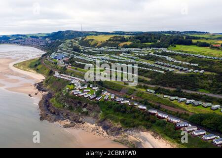 Aerial view of Sandhills Caravan Park and Pettycur Bay Holiday Park, Pettycur Bay, Fife, Scotland. Stock Photo