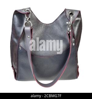 handcrafted stitched gray leather handbag with big pocket and red edges isolated on white background Stock Photo