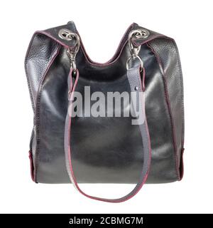 handcrafted gray leather handbag with red edges isolated on white background Stock Photo