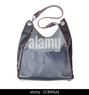 handmade gray leather handbag with big pocket and red edges isolated on white background Stock Photo