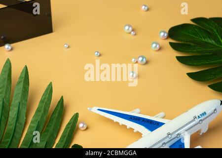 Tourism concept flat lay. Vacation decorations background, summer trip Stock Photo