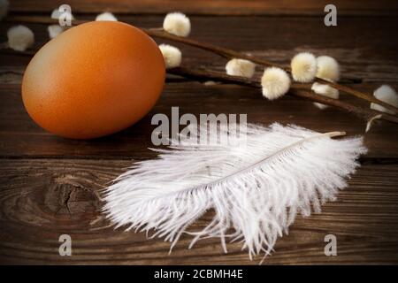 Selective focus shot of a white feather, egg and kitten willow flowers on a wooden surface Stock Photo