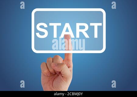 Person pointing at a "start" button with finger on a blue background Stock Photo