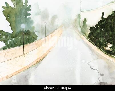 front view of wet road on rainy spring day in Ajloun city in Jordan hand-drawn by watercolours on white paper Stock Photo