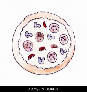 Download Pizza watercolor illustration. Hand-drawn painting on textured paper. Slice of pizza on a wooden ...