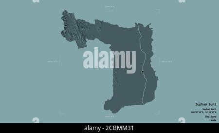 Area of Suphan Buri, province of Thailand, isolated on a solid background in a georeferenced bounding box. Labels. Colored elevation map. 3D rendering Stock Photo