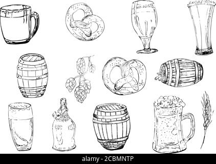 Set of hand drawn design beer elements isolated on white background. Glass, mug, barrel, bottle, pretzel, hop, malt . Vintage vector engraving Stock Vector