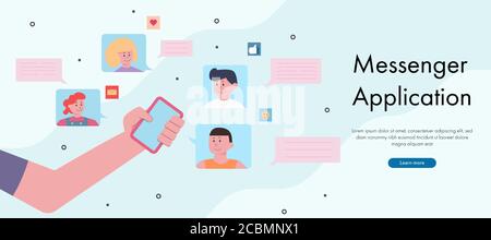 Hand holding smartphone and chatting with his friend through messenger application. Concept smartphone technology vector illustration. Stock Vector