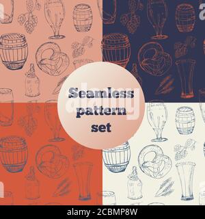 Set of St. Patrick day seamless patterns of hand drawn beer elements, for wrapping paper, wallpaper, fabric pattern, backdrop, print, gift wrap, cover Stock Vector