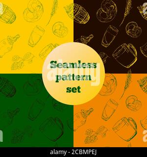 Set of St. Patrick day seamless patterns of hand drawn beer elements, for wrapping paper, wallpaper, fabric pattern, backdrop, print, gift wrap, cover Stock Vector