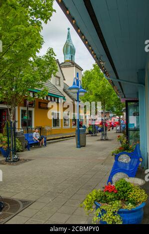 A street scene early spring in the Scandinavian style town of Poulsbo in Kitsap County, Washington State, USA. Stock Photo