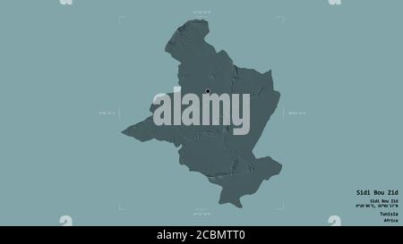 Area of Sidi Bou Zid, governorate of Tunisia, isolated on a solid background in a georeferenced bounding box. Labels. Colored elevation map. 3D render Stock Photo