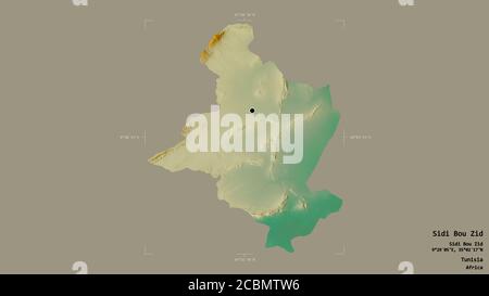 Area of Sidi Bou Zid, governorate of Tunisia, isolated on a solid background in a georeferenced bounding box. Labels. Topographic relief map. 3D rende Stock Photo