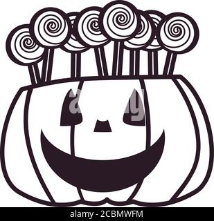 Halloween pumpkin cartoon with candies free form line style icon design ...