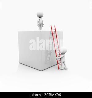 3D rendering of a human figure standing on the top of the box and another one trying to climb there Stock Photo