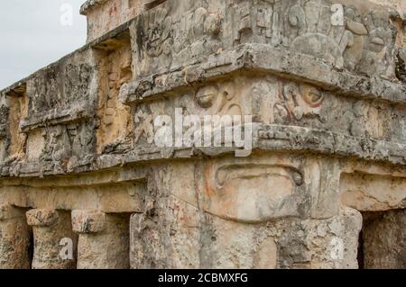 Detail of the Temple of the Frescos in Tulum, which is the site of a Pre-Columbian Mayan walled city along the east coast of the Yucatan Peninsula on Stock Photo