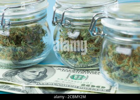 Money and marijuana. Cannabis business industry concept. Legal weed shop Stock Photo