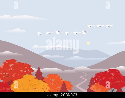 Autumn mountains valley flat color vector. Autumnal outdoors poster template. Calm misty mounts barn background. Fall season nature scenic view landsc Stock Vector
