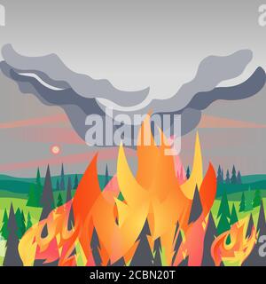Forest fires disaster mountain trees flat vector. Wildfires destroy woodland environment cartoon. Fire smoke on water, sun through haze. Burning fores Stock Vector
