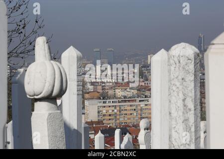 Old cemetery Alifakovac situated  on a hill slope above Sarajevo city center, on Tuesday ,April 8, 2014. Stock Photo