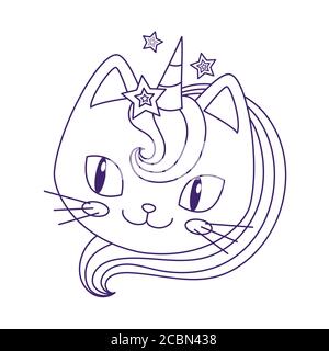 Cute kitten unicorn. Design for children. Black and white. Suitable for coloring books, prints, postcards, badges, postcards, stickers. Vector illustr Stock Vector