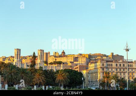 View of the city Cagliari on the island of Sardinia, Italy with the Civic Palace in the foreground. Stock Photo