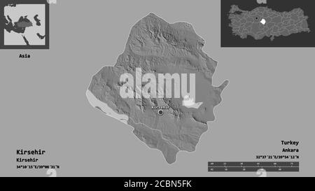Shape of Kirsehir, province of Turkey, and its capital. Distance scale, previews and labels. Bilevel elevation map. 3D rendering Stock Photo