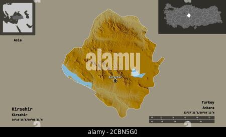 Shape of Kirsehir, province of Turkey, and its capital. Distance scale, previews and labels. Topographic relief map. 3D rendering Stock Photo