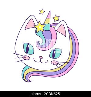 Head of a cute rainbow unicorn cat. Fantastic animal. For children's design of prints, posters, postcards, stickers. Vector illustration Stock Vector
