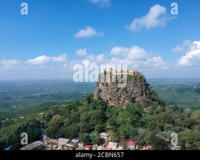 Myanmar, Mount Popa - 23 April 2019. Drone shot of Taung Kalat, a Buddhist monastery also known as Mount Popa, 657 meters of altitude. Stock Photo