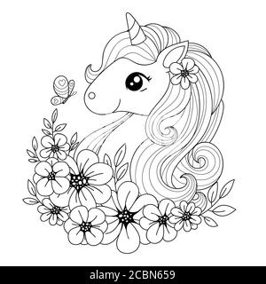 Cute little magical unicorn surrounded by flowers and butterflies. Black and white image for coloring. Suitable for prints, posters, postcards, tattoo Stock Vector