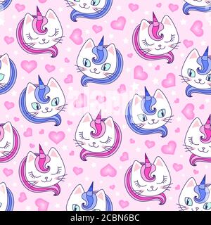 Seamless pattern. Rainbow cats unicorns on a pink background. For kid's design of fabrics, wallpapers, backgrounds, wrapping paper, and more. Vector Stock Vector