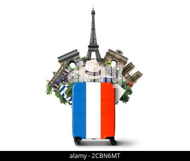 France, modern suitcase with French flag and landmarks Stock Photo