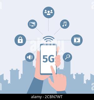 Hands holding smartphone with fast 5G network wireless technology and get access to multimedia, internet vector flat poster template. Smart city, high speed 5G connection concept. Stock Vector
