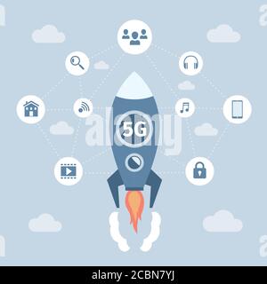 5G network wireless technology vector flat banner concept. Space racket with 5G technology flying and people can share documents and media via wireless high speed communication. Stock Vector