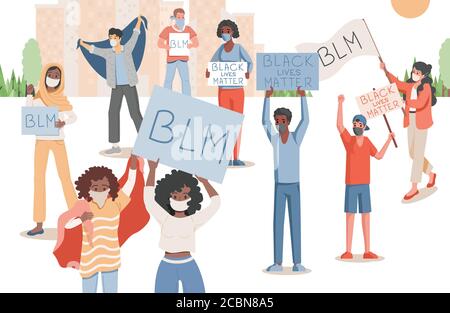 People protesting in city park vector flat illustration. Men and women holding placards and flags with Black lives matter words. Stop racism and racial discrimination, all people are equal. Stock Vector