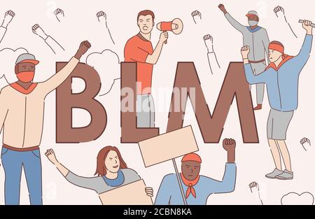 Black lives matter vector cartoon outline banner concept. African American men and women protesting against racism. Tolerance, Human rights of Black people poster concept. Stock Vector