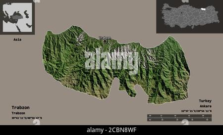 Shape of Trabzon, province of Turkey, and its capital. Distance scale, previews and labels. Satellite imagery. 3D rendering Stock Photo