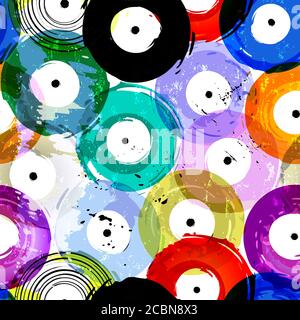 seamless vinyl records background pattern, vector illustration, with strokes and splashes Stock Vector