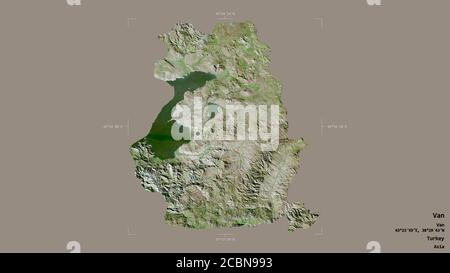 Area of Van, province of Turkey, isolated on a solid background in a georeferenced bounding box. Labels. Satellite imagery. 3D rendering Stock Photo