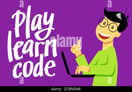 A square image of the boy who studies coding. A vector image for a flyer or a poster for the chidren coding school. Play learn code lettering Stock Vector