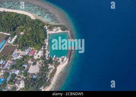 Aerial view of Kihaadhoo island in Baa Atoll of Maldives Stock Photo
