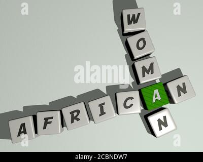 african woman crossword by cubic dice letters, 3D illustration for american and black Stock Photo