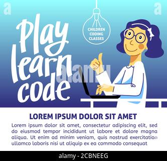A horizontal image of the girl who studies coding. A vector image for a flyer or a poster for the chidren coding school. Blue and yellow colors Stock Vector