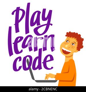 A square image of the boy who studies coding. A vector image for a flyer or a poster for the chidren coding school Stock Vector