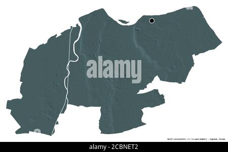 Shape of North Lincolnshire, unitary authority of England, with its capital isolated on white background. Colored elevation map. 3D rendering Stock Photo